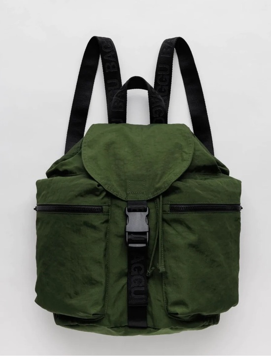 BAGGU Handbags - BAGGU Olive Green Nylon Drawstring Backpack with Black Straps